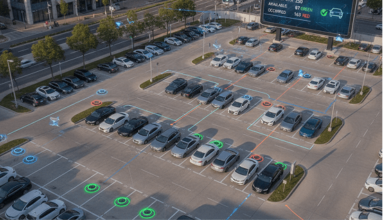 Aerial view of a parking lot with availability indicators