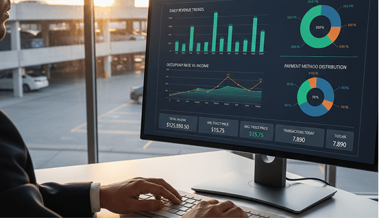 Operator reviewing parking revenue analytics on a dashboard