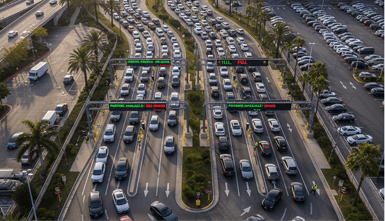 Aerial view of a busy mall parking area