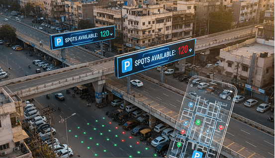 City street with smart parking availability signage