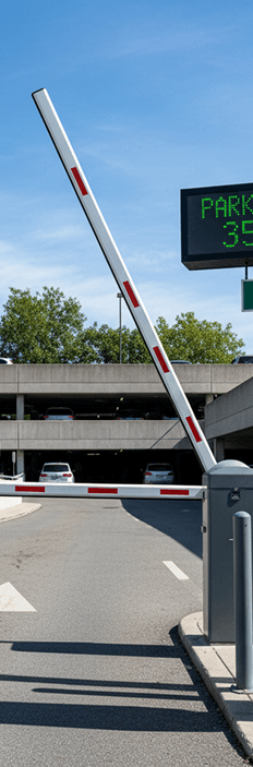 Parking garage entrance with barrier arm